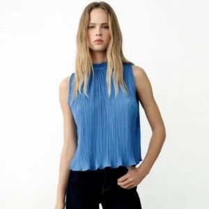 Zara Blue Pleated Sleeveless Blouse